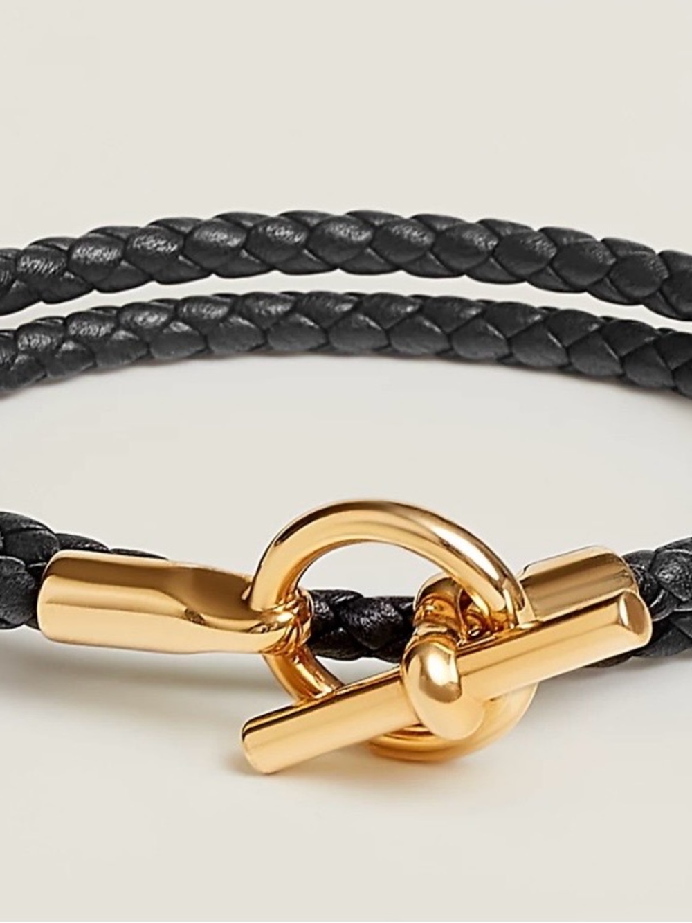 Women’s Black Braided Leather Bracelet with Gold Toggle